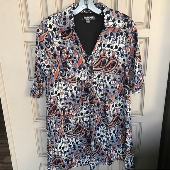 Fashion Union Tops - Tunic Top Sz6 Short Sleeve Lined Paisley V Neck Earth Tones